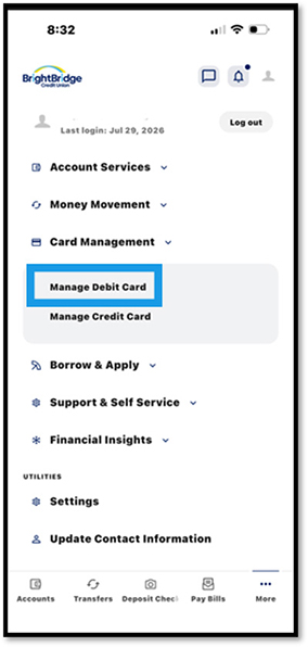 Manage Debit Card on Mobile Step 2