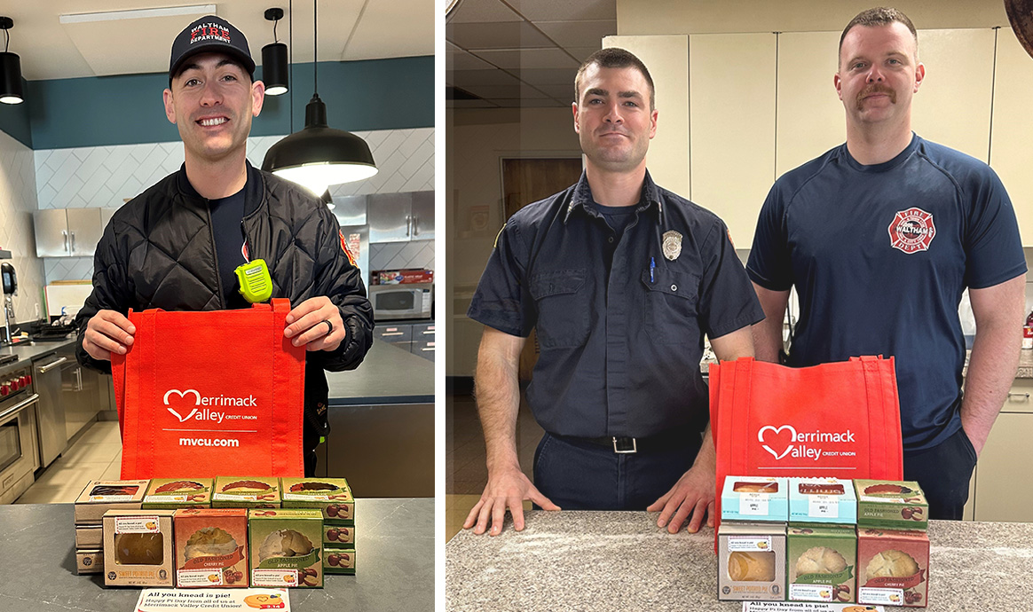 Members of Waltham’s fire department display their assortment of pies delivered by MVCU team members. 